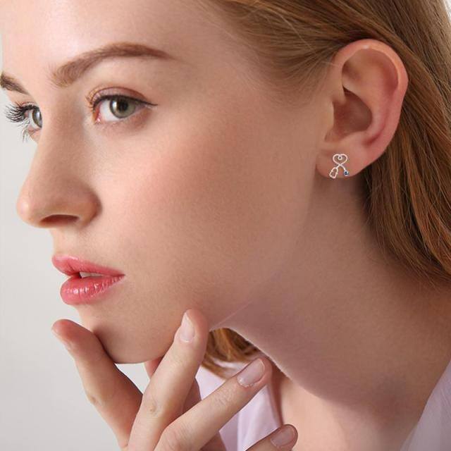 Sterling Silver Circular Shaped Crystal Stethoscope Stud Earrings-2