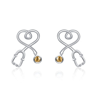 Sterling Silver Circular Shaped Crystal Stethoscope Stud Earrings-2
