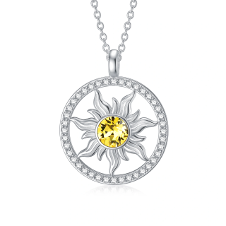 Sterling Silver Circular Shaped Crystal Sun Pendant Necklace-38