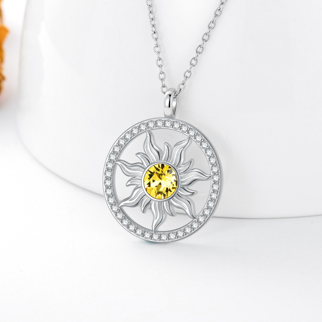 Sterling Silver Circular Shaped Crystal Sun Pendant Necklace-3