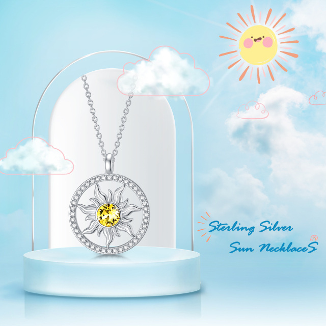 Sterling Silver Circular Shaped Crystal Sun Pendant Necklace-5