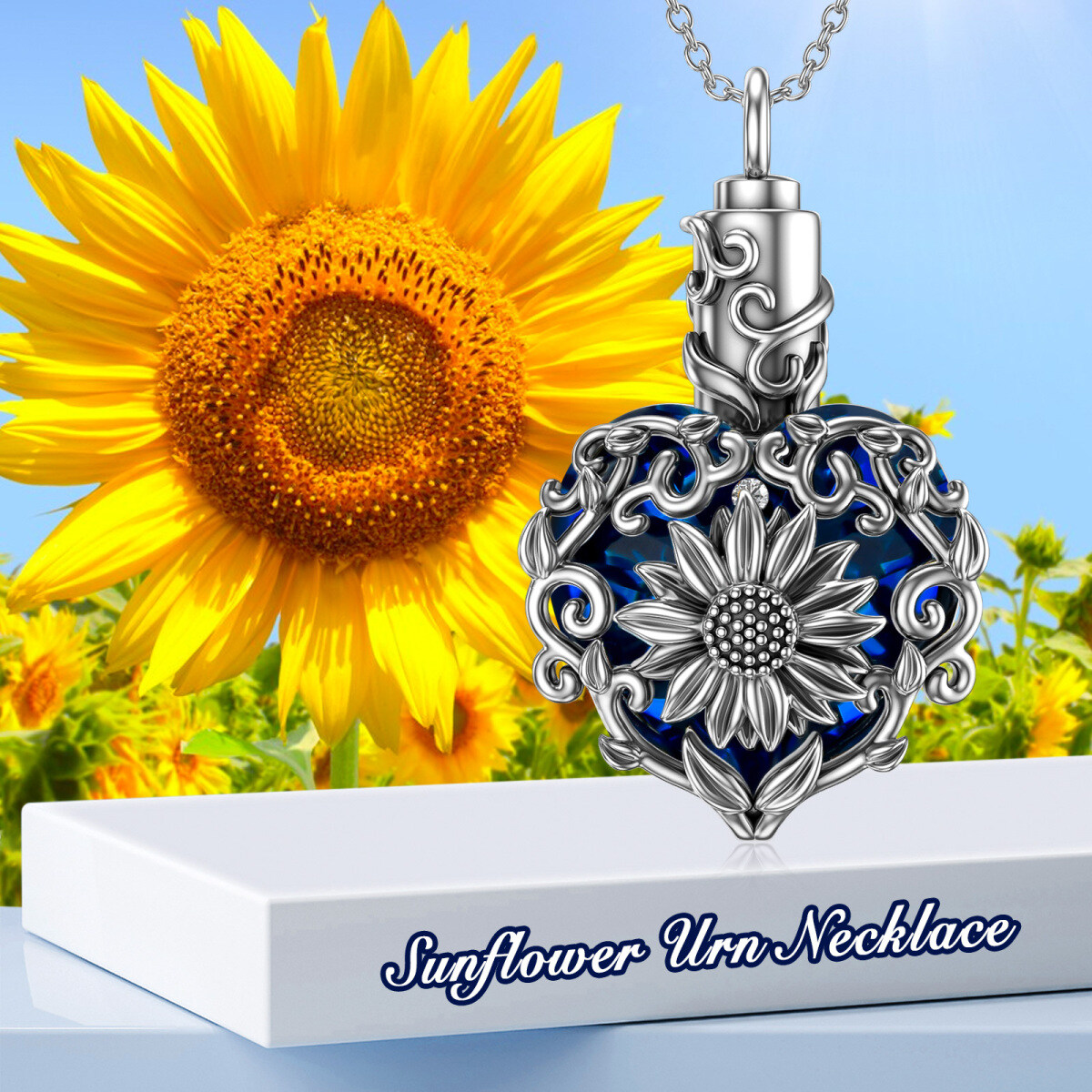 Sterling Silver Circular Shaped Crystal Sunflower & Heart Urn Necklace for Ashes-3