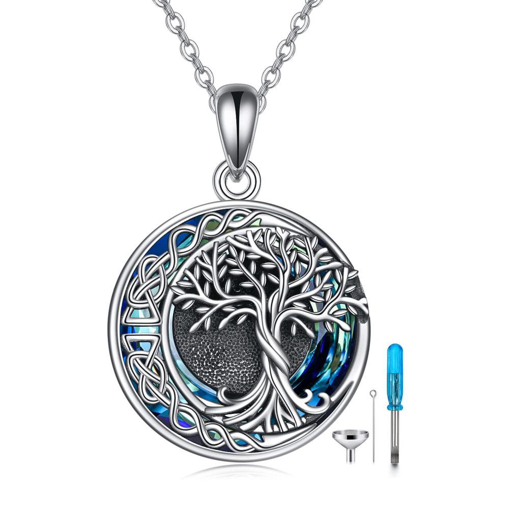 Sterling Silver Circular Crystal Tree Of Life & Celtic Knot Urn Necklace For Ashes-1