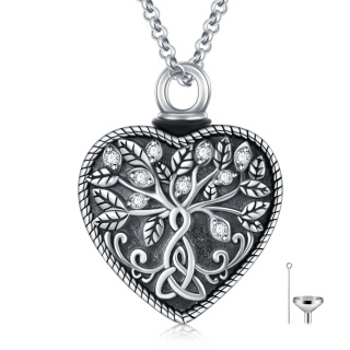 Sterling Silver Circular Shaped Crystal Tree Of Life & Celtic Knot Urn Necklace for Ashes with Engraved Word-59