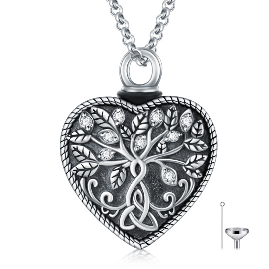 Sterling Silver Circular Shaped Crystal Tree Of Life & Celtic Knot Urn Necklace for Ashes with Engraved Word