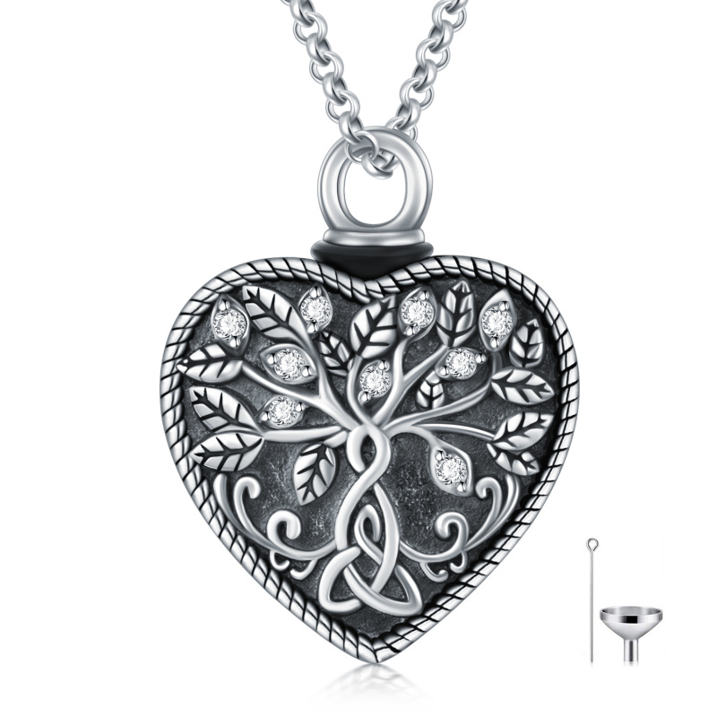 Sterling Silver Circular Shaped Crystal Tree Of Life & Celtic Knot Urn Necklace for Ashes with Engraved Word-18