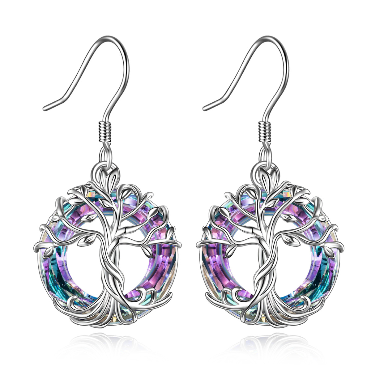 Sterling Silver Circular Shaped Crystal Tree Of Life Drop Earrings-1