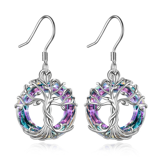 Sterling Silver Circular Shaped Crystal Tree Of Life Drop Earrings