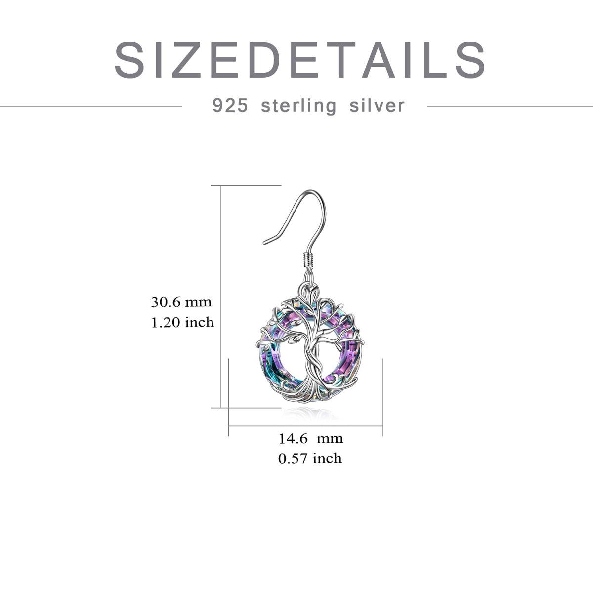 Sterling Silver Circular Shaped Crystal Tree Of Life Drop Earrings-5