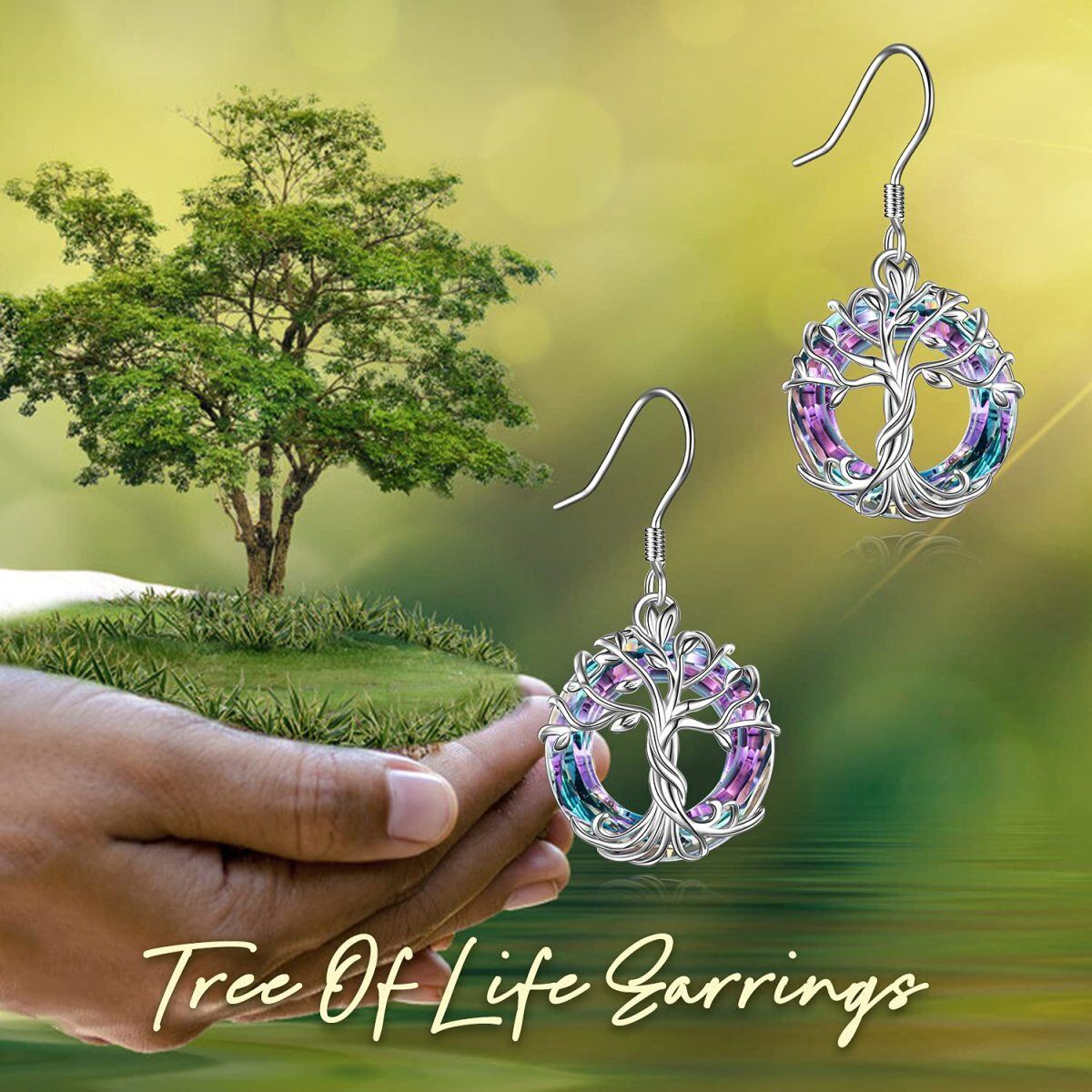 Sterling Silver Circular Shaped Crystal Tree Of Life Drop Earrings-6