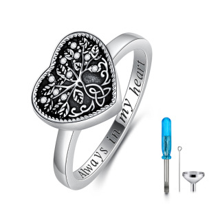 Sterling Silver Circular Shaped Crystal Tree Of Life & Heart Urn Ring with Engraved Word-41