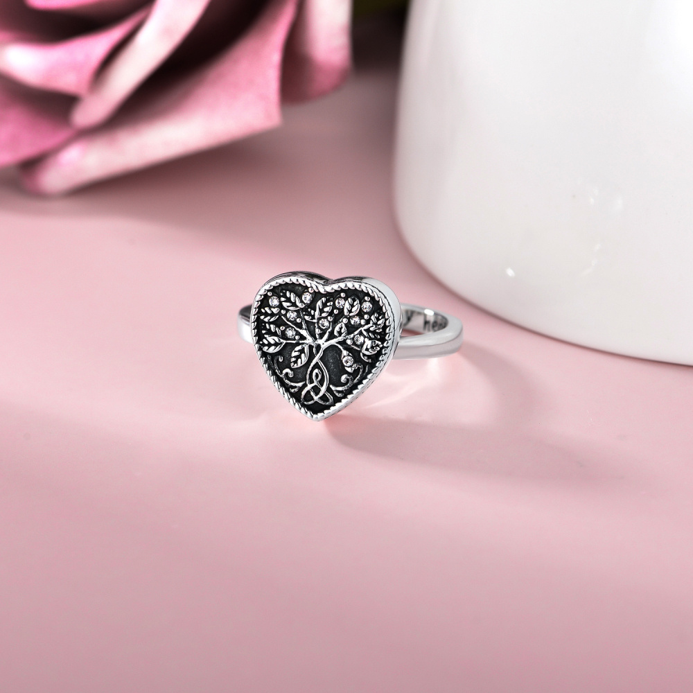 Sterling Silver Round Shaped Crystal Tree Of Life & Heart Urn Ring with Engraved Word-3