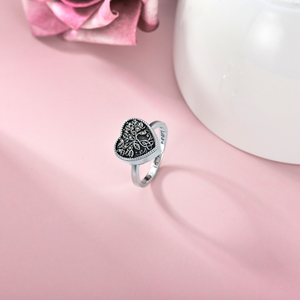 Sterling Silver Round Shaped Crystal Tree Of Life & Heart Urn Ring with Engraved Word-4