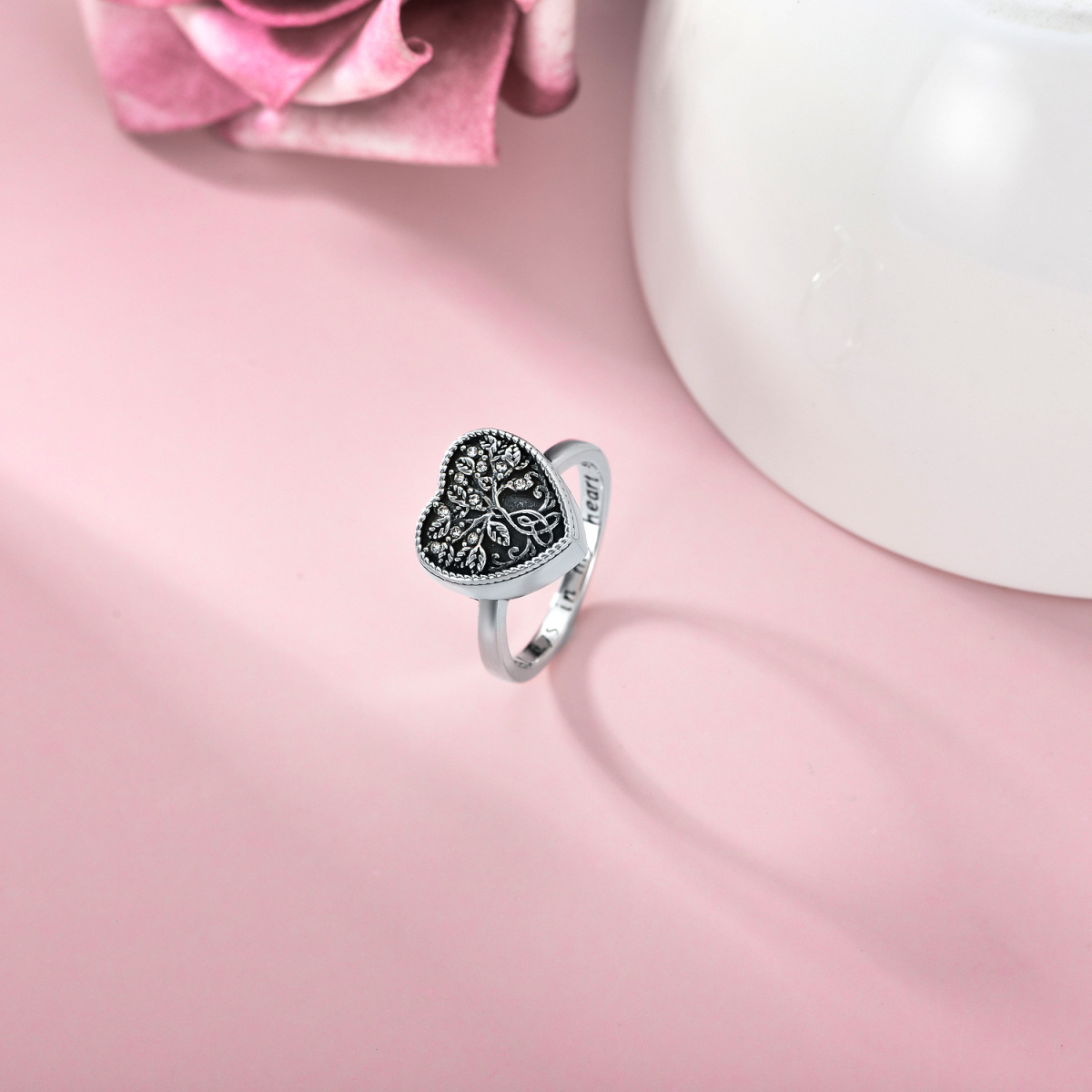 Anillo de plata de ley con forma circular de cristal Árbol de la vida y urna de corazón co-4