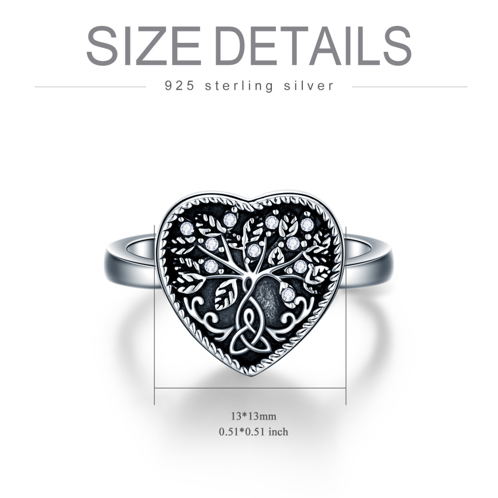 Sterling Silver Round Shaped Crystal Tree Of Life & Heart Urn Ring with Engraved Word-5