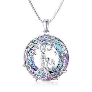 Sterling Silver Round Violet Crystal Tree Of Life Mother & Daughter Necklace-2