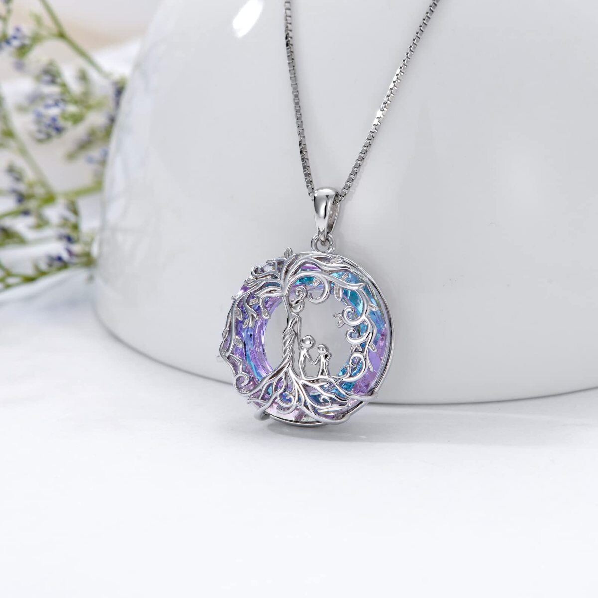 Collar redondo de plata de ley con árbol de la vida y cristal violeta para madre e hija-3