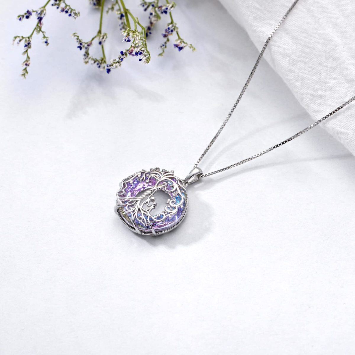 Collar redondo de plata de ley con árbol de la vida y cristal violeta para madre e hija-4