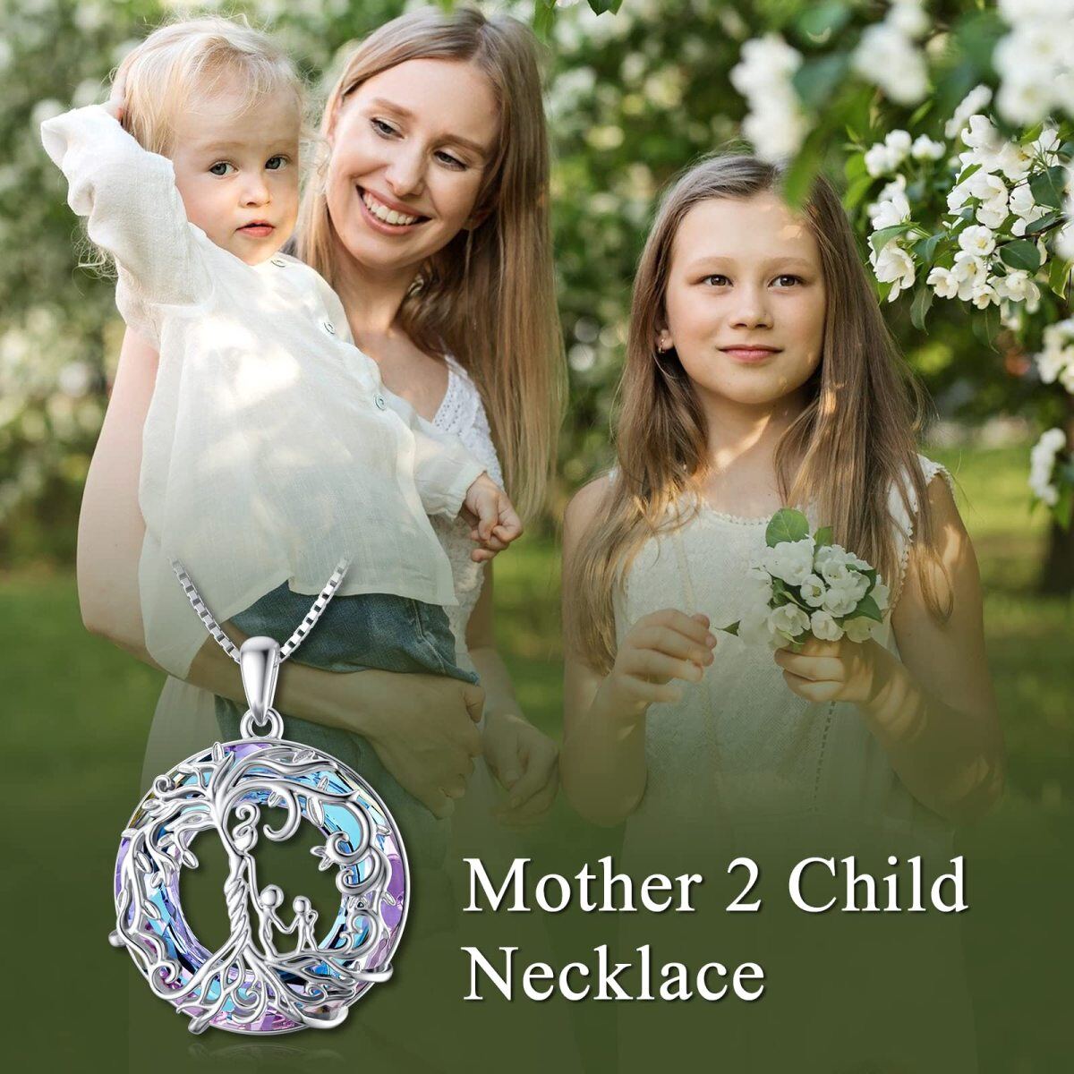 Collar redondo de plata de ley con árbol de la vida y cristal violeta para madre e hija-5