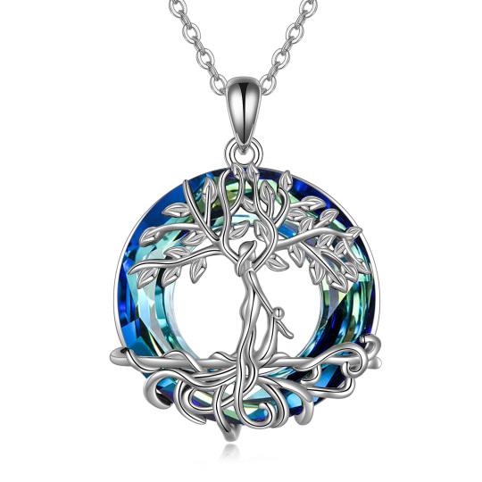 Sterling Silver Circular Shaped Crystal Tree Of Life & Mother & Daughter Pendant Necklace