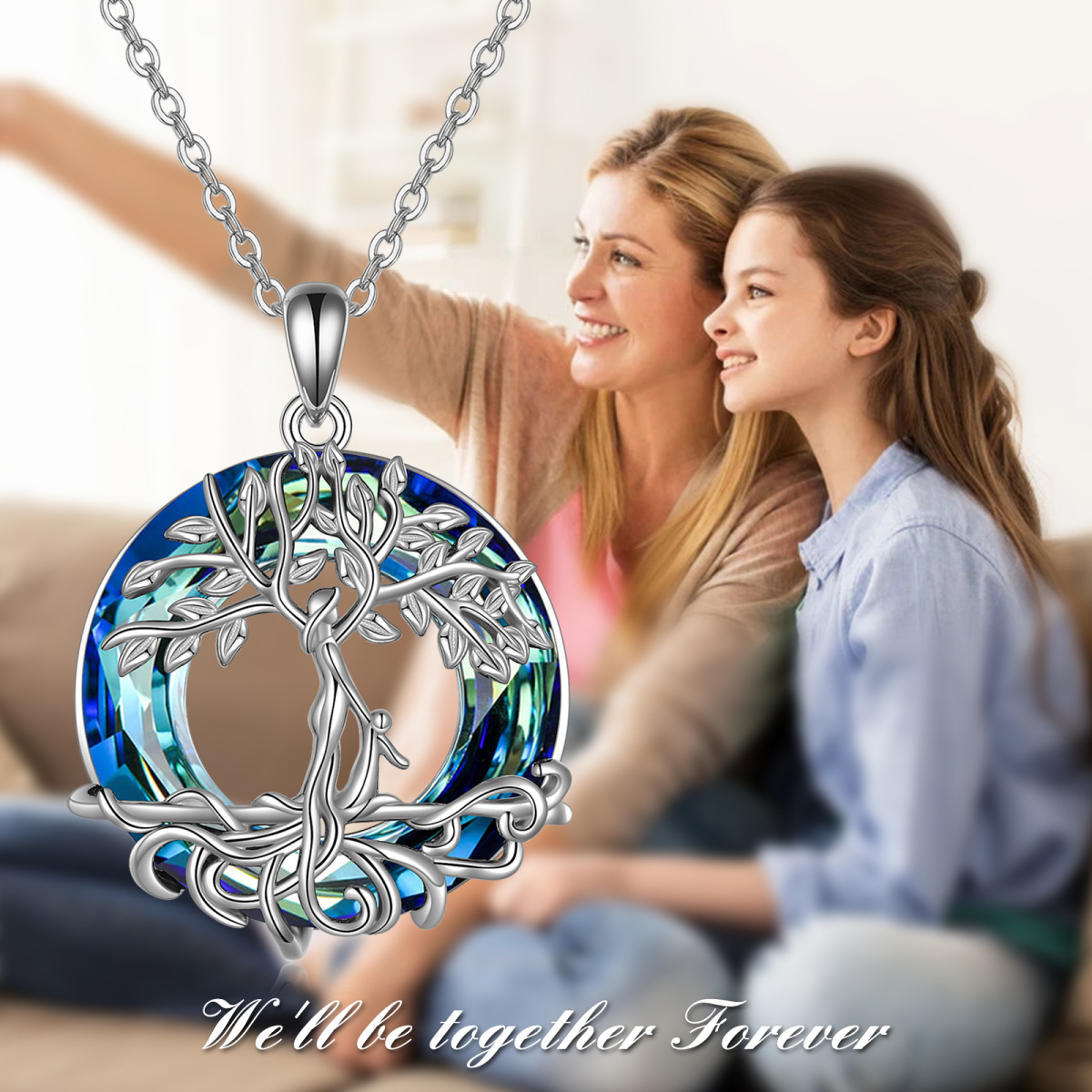 Sterling Silver Circular Crystal Tree Of Life Mother & Children Pendant Necklace For Mom-6