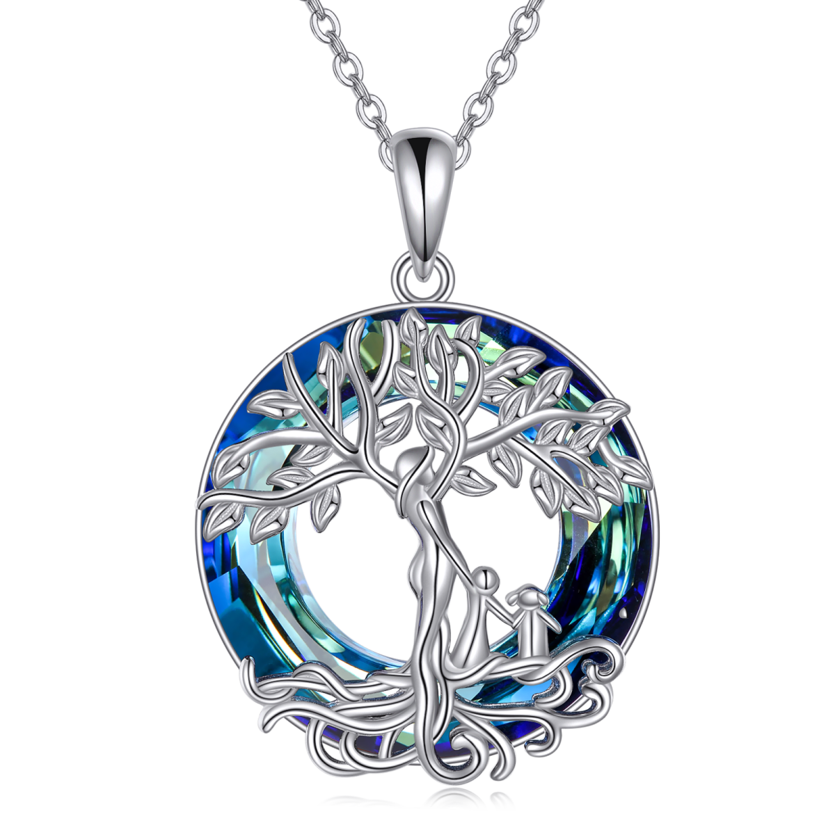 Sterling Silver Circular Crystal Tree Of Life Mother & Children Pendant Necklace For Mom-1