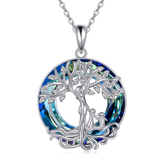 Sterling Silver Circular Crystal Tree Of Life Mother & Children Pendant Necklace For Mom-17