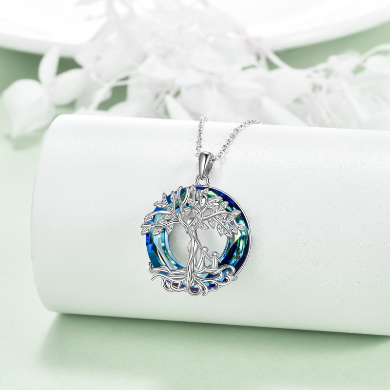 Sterling Silver Circular Crystal Tree Of Life Mother & Children Pendant Necklace For Mom-3
