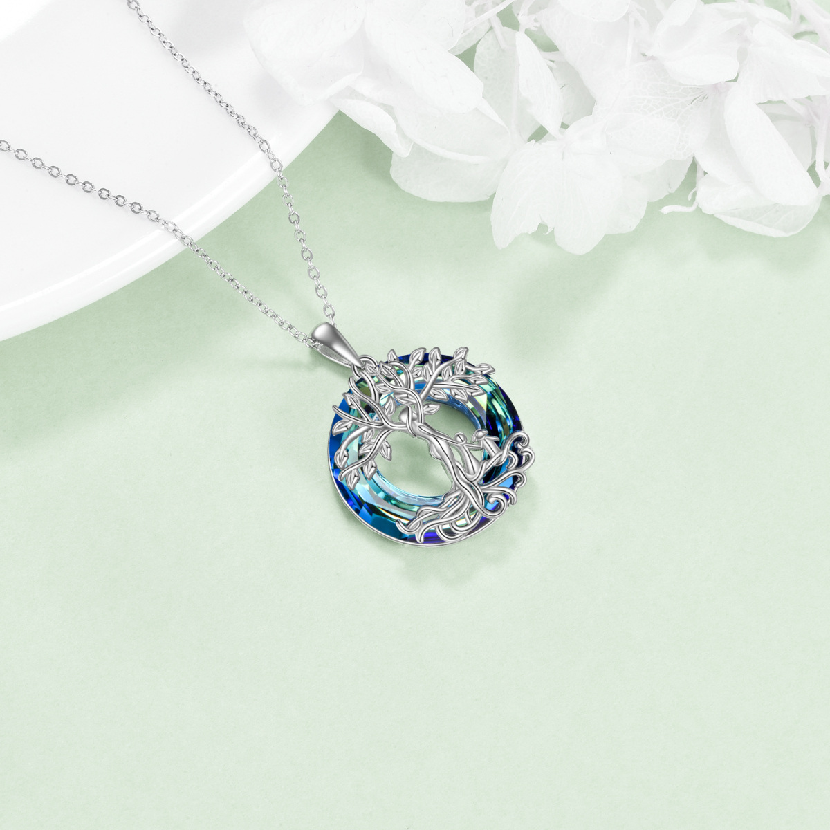 Sterling Silver Circular Crystal Tree Of Life Mother & Children Pendant Necklace For Mom-4