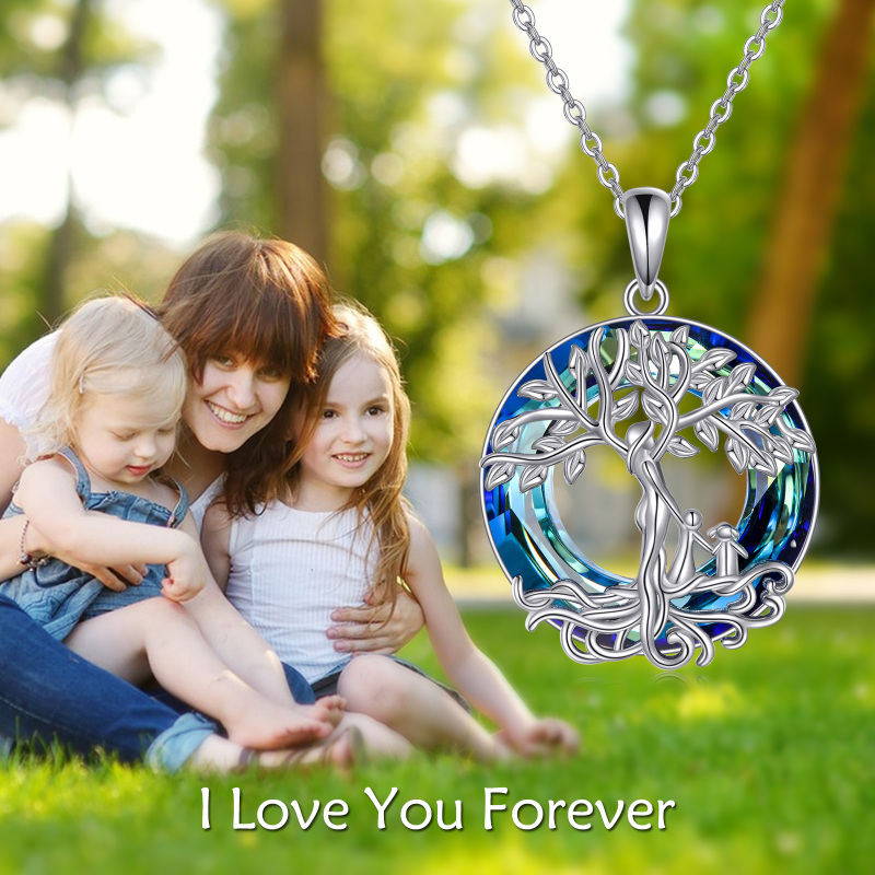 Sterling Silver Circular Crystal Tree Of Life Mother & Children Pendant Necklace For Mom-6
