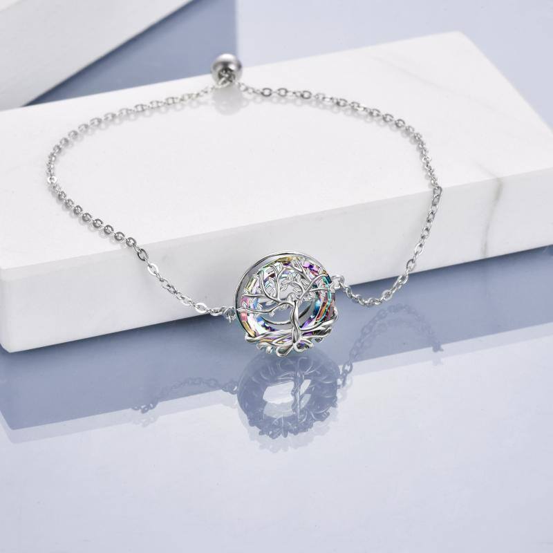 Sterling Silver Circular Shaped Crystal Tree Of Life Charm Bracelet-3