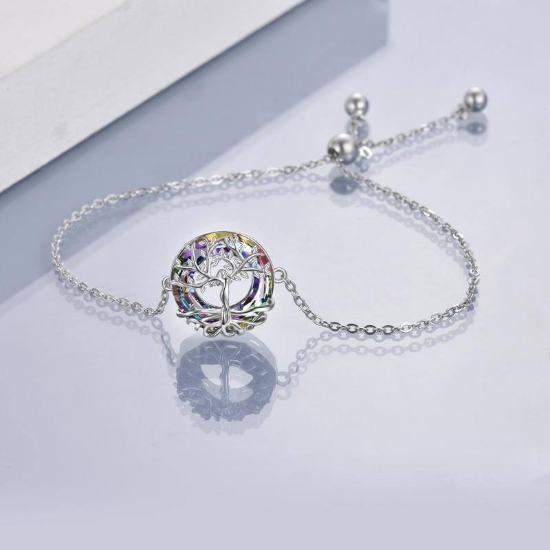 Sterling Silver Circular Shaped Crystal Tree Of Life Charm Bracelet-4
