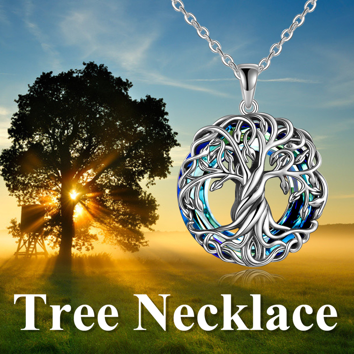 Sterling Silver Circular Shaped Crystal Tree Of Life Pendant Necklace-3