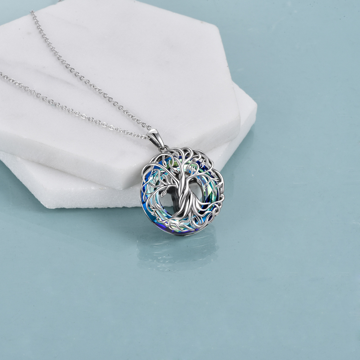 Sterling Silver Circular Shaped Crystal Tree Of Life Pendant Necklace-4