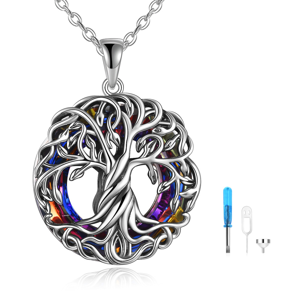 Sterling Silver Circular Shaped Crystal Tree Of Life Pendant Necklace-1