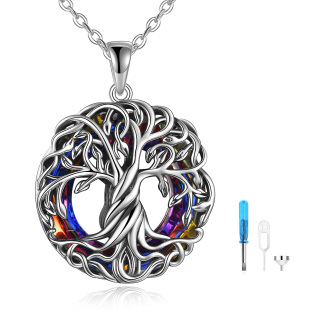 Sterling Silver Circular Shaped Crystal Tree Of Life Pendant Necklace-11