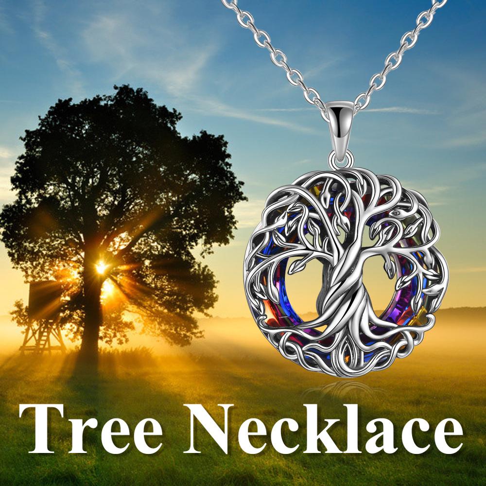 Sterling Silver Circular Shaped Crystal Tree Of Life Pendant Necklace-3