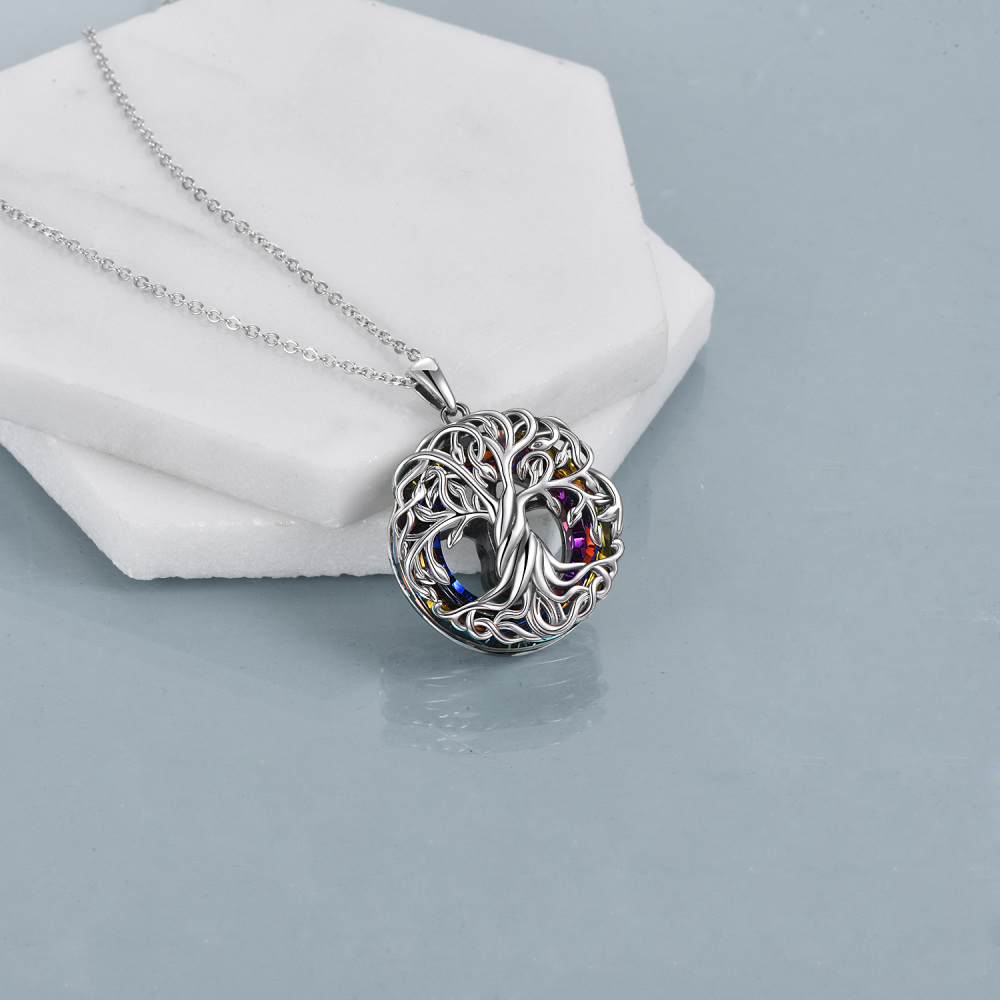 Sterling Silver Circular Shaped Crystal Tree Of Life Pendant Necklace-4