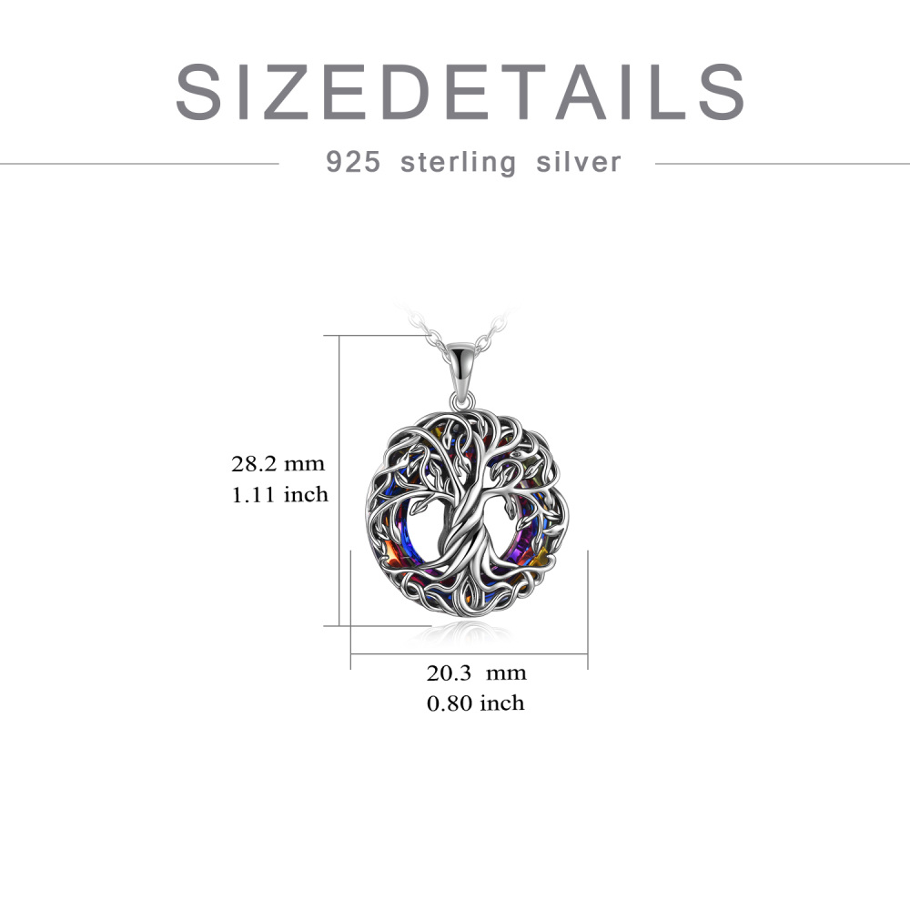 Sterling Silver Circular Shaped Crystal Tree Of Life Pendant Necklace-6