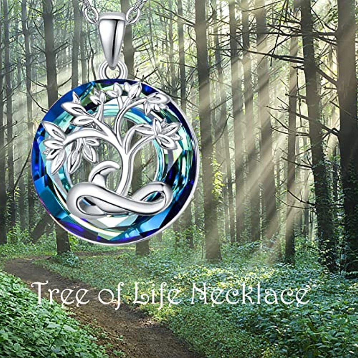 Sterling Silver Circular Shaped Crystal Tree Of Life Pendant Necklace-6