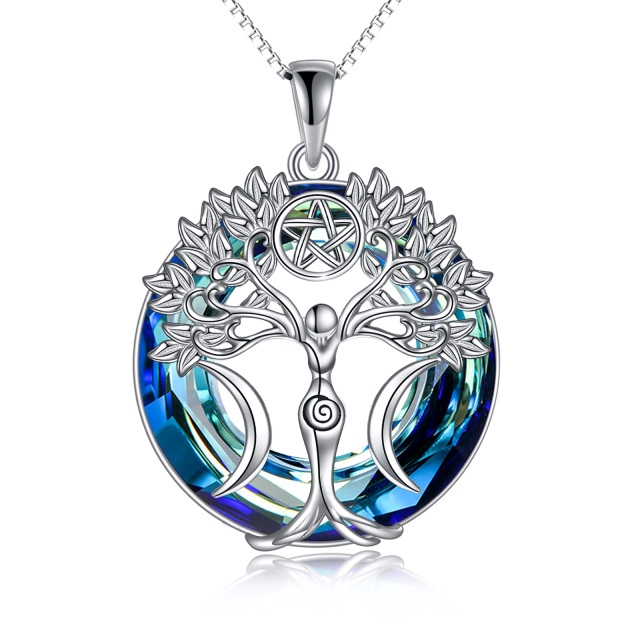 Sterling Silver Circular Shaped Crystal Tree Of Life & Pentagram & Triple Moon Goddess Pendant Necklace-1