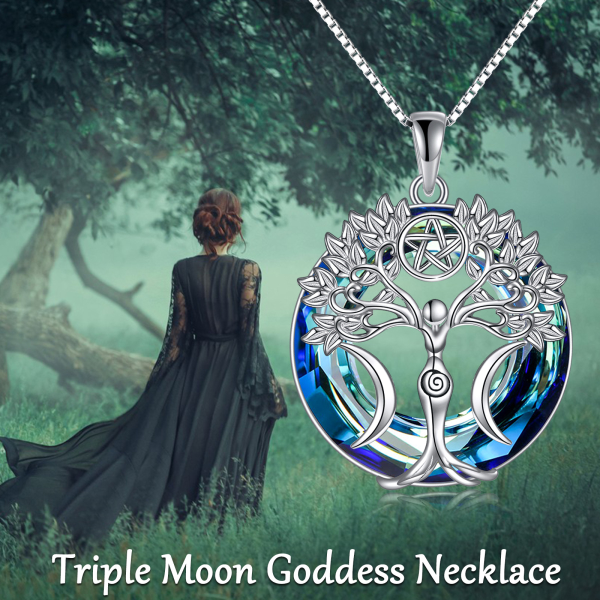 Sterling Silver Circular Shaped Crystal Tree Of Life & Pentagram & Triple Moon Goddess Pendant Necklace-5