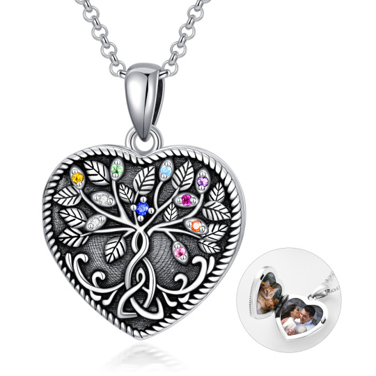 Sterling Silver Circular Shaped Crystal Tree Of Life & Personalized Photo & Celtic Knot Personalized Photo Locket Necklace with Engraved Word