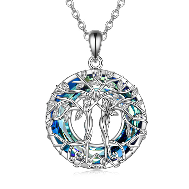 Sterling Silver Circular Shaped Crystal Tree Of Life & Sisters Pendant Necklace-1