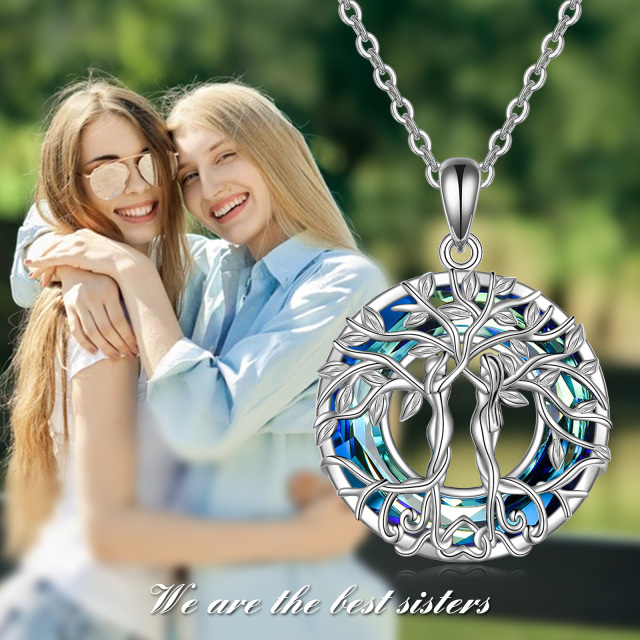 Sterling Silver Circular Shaped Crystal Tree Of Life & Sisters Pendant Necklace-5