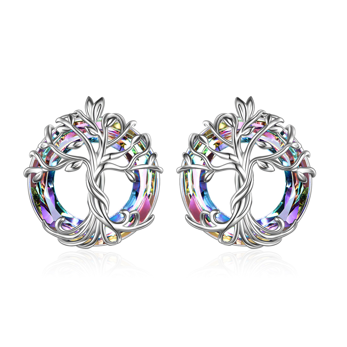 Boucles d'oreilles en argent sterling en forme circulaire d'arbre de vie en cristal-1