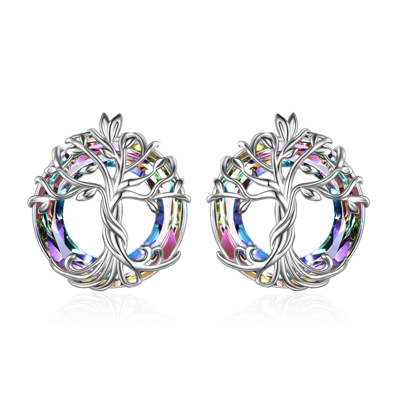 Boucles d'oreilles en argent sterling en forme circulaire d'arbre de vie en cristal