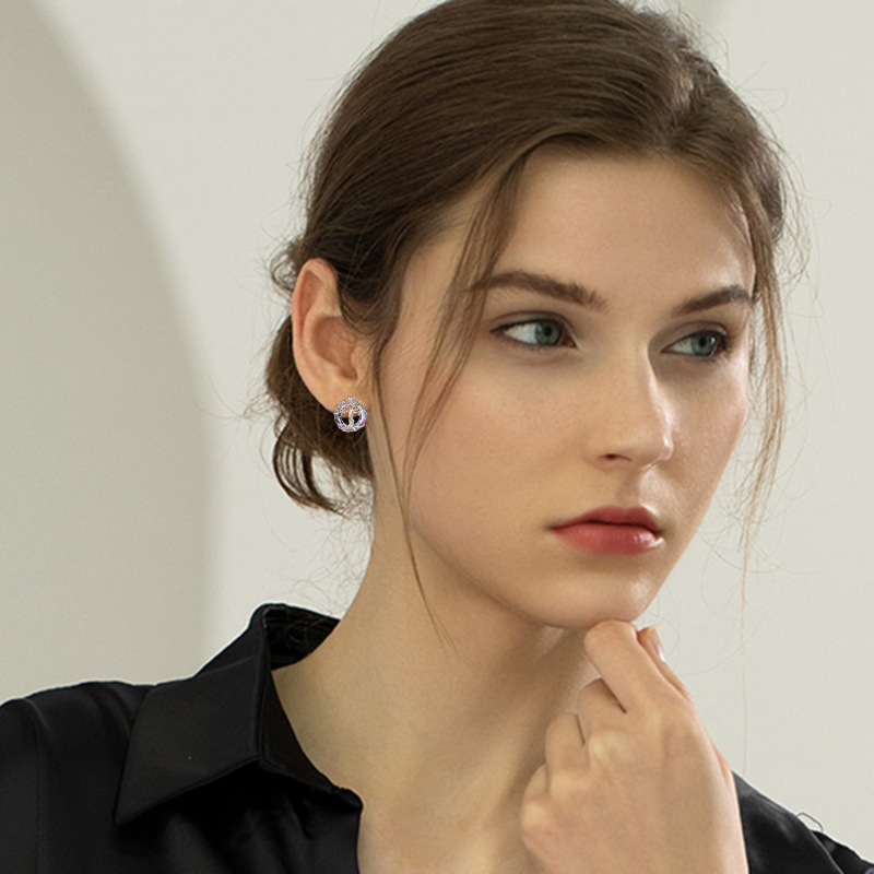 Orecchini a bottone in argento sterling con cristalli a forma circolare a forma di albero della vita-2