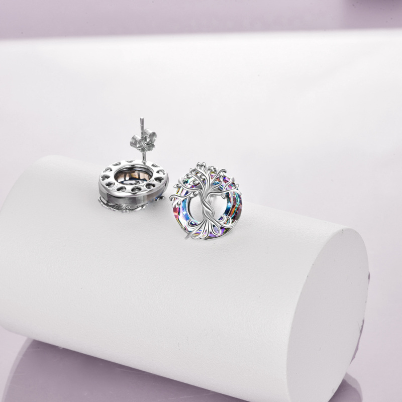 Orecchini a bottone in argento sterling con cristalli a forma circolare a forma di albero della vita-3