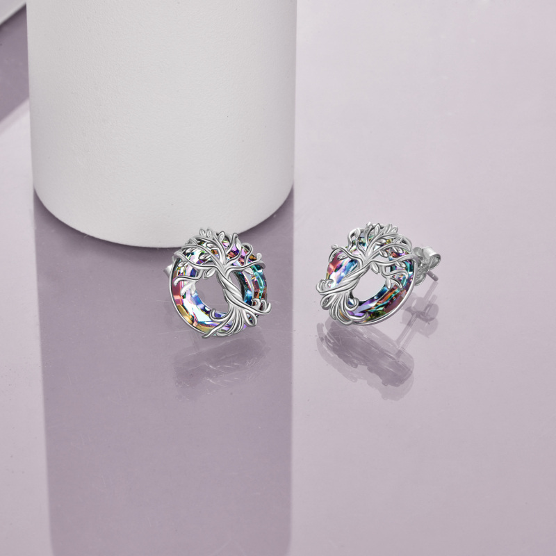 Orecchini a bottone in argento sterling con cristalli a forma circolare a forma di albero della vita-4